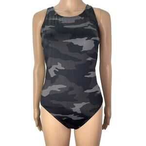 New Athleta Women's Freestyle Camo Black Grey Neon One Piece Bathing Suit